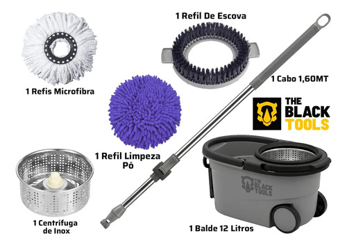 Esfregão Mop 360° Balde Inox Com Rodas Microfibra 16 Litros Cabo Longo Alça Cinza TBBL04 The Black Tools