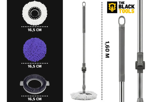 Esfregão Mop 360° Balde Inox Com Rodas Microfibra 16 Litros Cabo Longo Alça Cinza TBBL04 The Black Tools