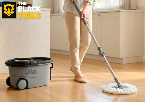 Esfregão Mop 360° Balde Inox Com Rodas Microfibra 16 Litros Cabo Longo Alça Cinza TBBL04 The Black Tools