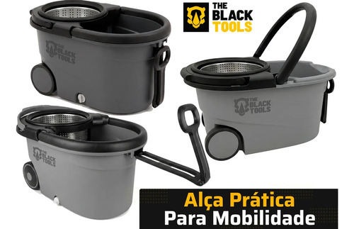 Esfregão Mop 360° Balde Inox Com Rodas Microfibra 16 Litros Cabo Longo Alça Cinza TBBL04 The Black Tools