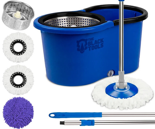 Esfregao mop 360 balde inox giratorio 12l azul cabo longo 16