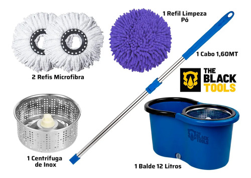 Esfregão Mop 360° Balde Inox Giratório 12L Azul Cabo Longo 160cm Alça 3 Refis Microfibra TBBL03 The Black Tools