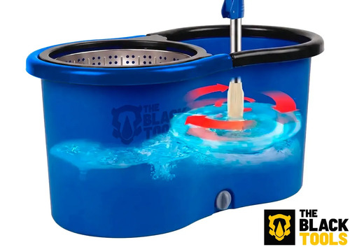 Esfregão Mop 360° Balde Inox Giratório 12L Azul Cabo Longo 160cm Alça 3 Refis Microfibra TBBL03 The Black Tools