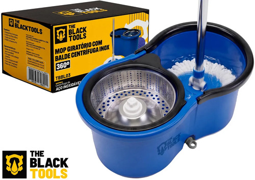 Esfregão Mop 360° Balde Inox Giratório 12L Azul Cabo Longo 160cm Alça 3 Refis Microfibra TBBL03 The Black Tools
