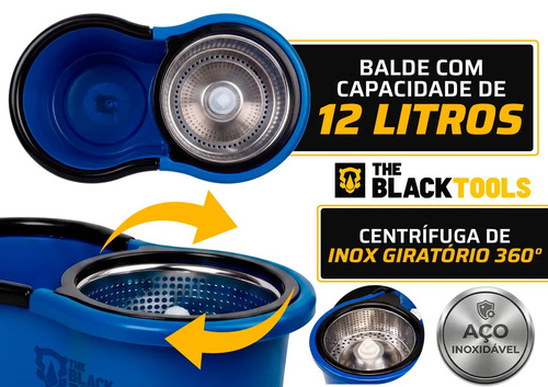 Esfregão Mop 360° Balde Inox Giratório 12L Azul Cabo Longo 160cm Alça 3 Refis Microfibra TBBL03 The Black Tools