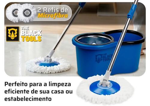 Esfregão Mop 360° Balde Inox Giratório 12L Azul Cabo Longo 160cm Alça 3 Refis Microfibra TBBL03 The Black Tools