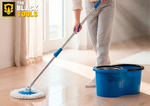 Esfregão Mop 360° Balde Inox Giratório 12L Azul Cabo Longo 160cm Alça 3 Refis Microfibra TBBL03 The Black Tools