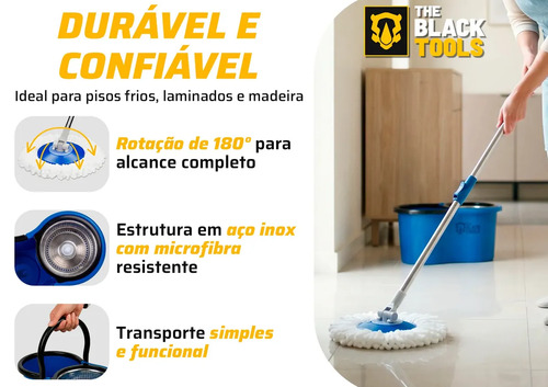 Esfregão Mop 360° Balde Inox Giratório 12L Azul Cabo Longo 160cm Alça 3 Refis Microfibra TBBL03 The Black Tools
