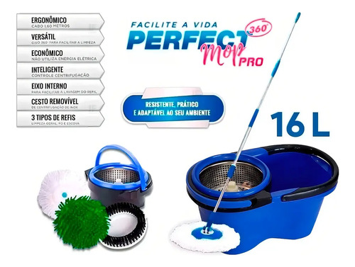 Esfregão Perfect Pro Mop 360° Balde Inox Cabo Longo Microfibra 16L