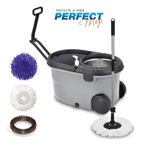 Esfregao perfect pro mop move 16l cinza cabo inox alca roda