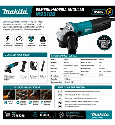 Esmerilhadeira Angular Corte E Desbaste 115mm 850w Makita