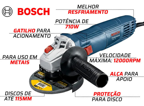 Esmerilhadeira Lixadeira 710w Bosch 115mm + Acessórios Azul 60hz