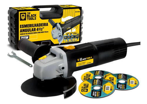 Esmerilhadeira lixadeira angular 750w 4.1/2 pol 115mm 11000rpm com maleta e discos bta780d The Black Tools