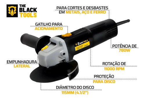 Esmerilhadeira lixadeira angular 750w 4.1/2 pol 115mm 11000rpm com maleta e discos bta780d The Black Tools
