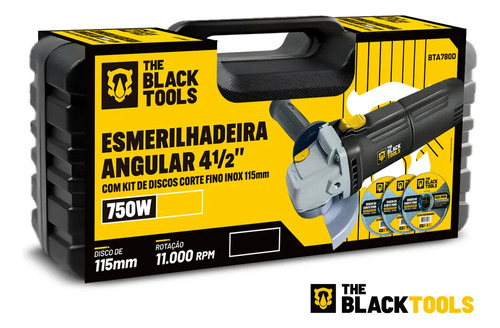 Esmerilhadeira lixadeira angular 750w 4.1/2 pol 115mm 11000rpm com maleta e discos bta780d The Black Tools