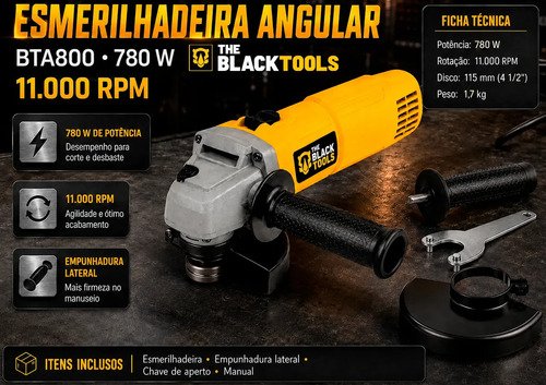Esmerilhadeira Lixadeira Angular 780w 115mm 4.1/2 11000rpm Bta800 The Black Tools