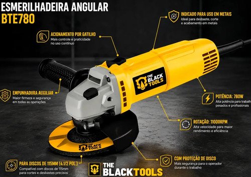 Esmerilhadeira Lixadeira Angular 780w 115mm 4.1/2 11000rpm Bta800 The Black Tools