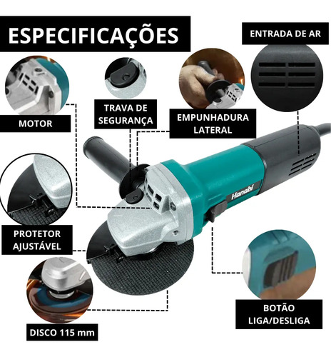 Esmerilhadeira Lixadeira Angular Hanabi 115mm 880w Profissional Cor Azul-petróleo Frequência 60 Hz