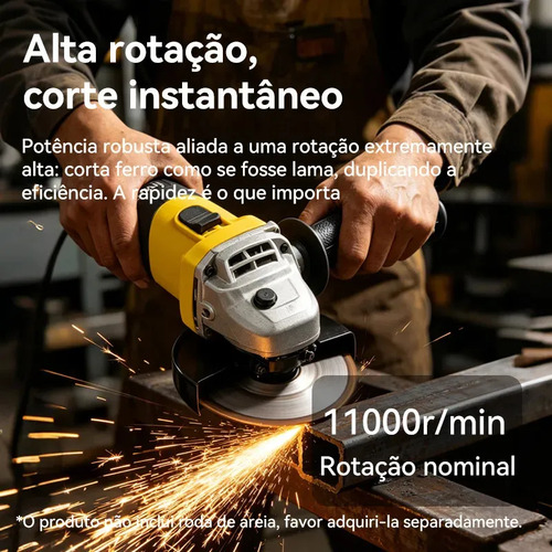 Esmerilhadeira Lixadeira Angular Profissional 800w 115mm 11000rpm Cor Amarelo Com Acessório Cabo Lateral Cabo Rotativo Compacta Eficiente