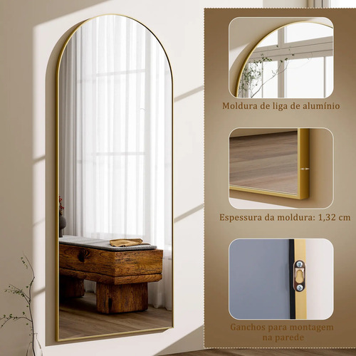 Espelho Arco Oval Corpo Inteiro 162x52 Moldura Dourada Chão