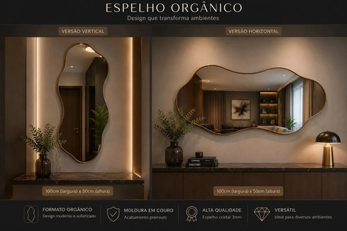 Espelho Orgânico grande com Moldura Lapidado 100x50 Preto