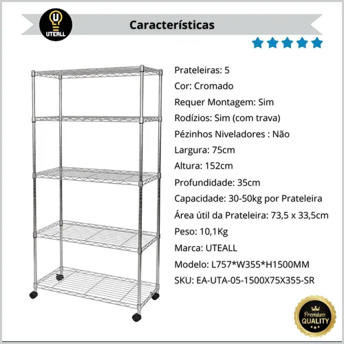 Estante 5 Prateleiras Aramada Cromada Aço Organizadora