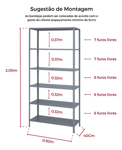 Estante De Aço 6 bandejas 40x92m com reforeço central 198cm de altura, prateleira reforçada suporta total de 180 kg