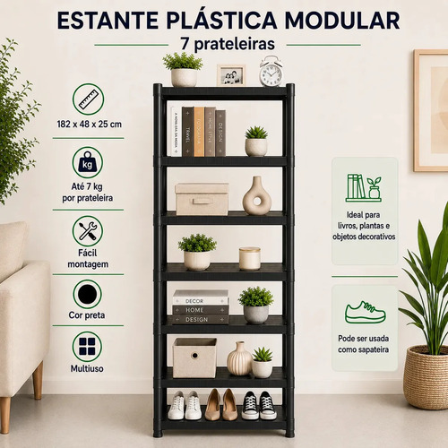 Estante plastica modular multiuso preta 7 prateleiras organi
