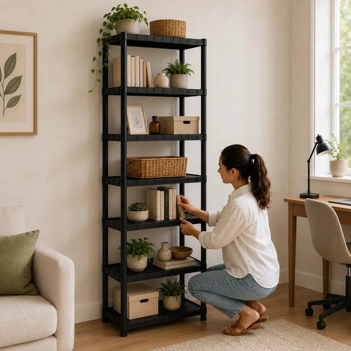 Estante Plástica Modular Multiuso Preta 7 Prateleiras Organizadora Para Livros Plantas Objetos Decorativos