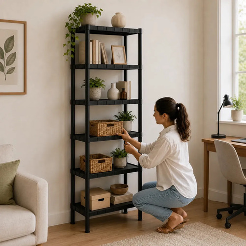 Estante Plástica Modular Multiuso Preta 7 Prateleiras Organizadora Para Livros Plantas Objetos Decorativos
