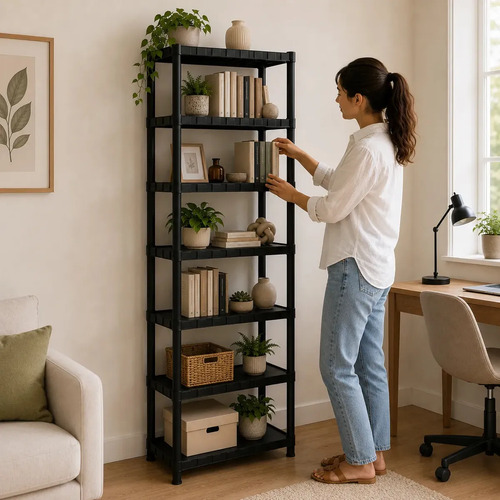 Estante Plástica Modular Multiuso Preta 7 Prateleiras Organizadora Para Livros Plantas Objetos Decorativos