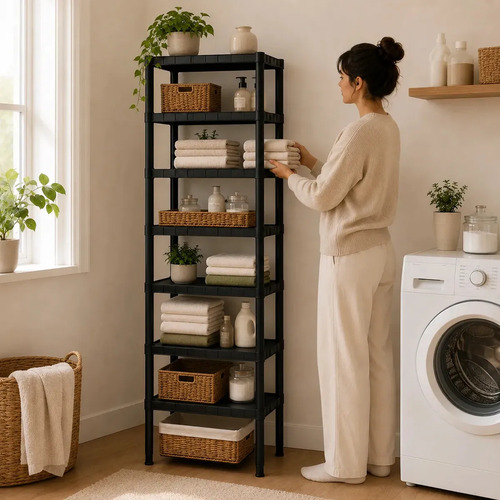 Estante Plástica Modular Multiuso Preta 7 Prateleiras Organizadora Para Livros Plantas Objetos Decorativos
