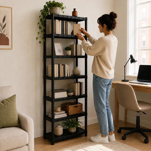 Estante Plástica Modular Multiuso Preta 7 Prateleiras Organizadora Para Livros Plantas Objetos Decorativos