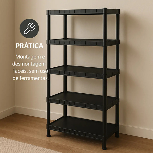 Estante Plástica Preta 5 Prateleiras Modular 136cm Altura