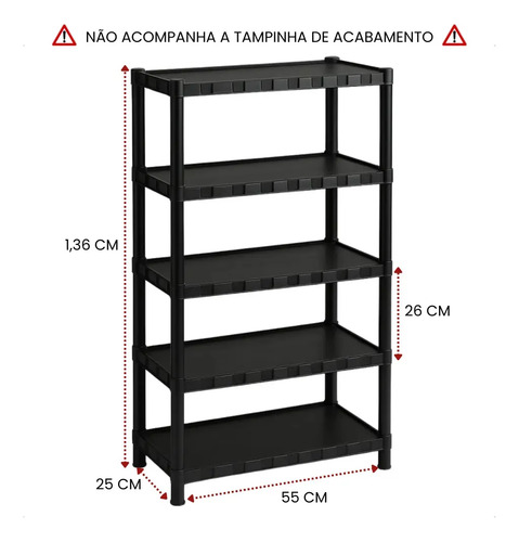 Estante Plástica Preta 5 Prateleiras Modular 136cm Altura