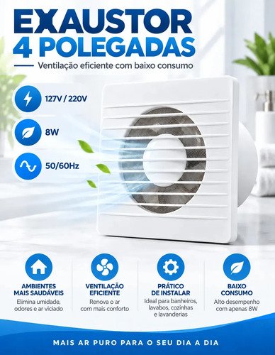 Exaustor de Banheiro Bivolt 4 Polegadas 8W Silencioso com 7 Pás Tela Protetora Contra Insetos Diâmetro de Instalação 10cm Ventilação Potente Baixo Ruído e Fácil Instalação
