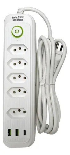 Extensão 5 Tomadas E 2 Usb 1 Pd Led Bivolt Power 110v/220v