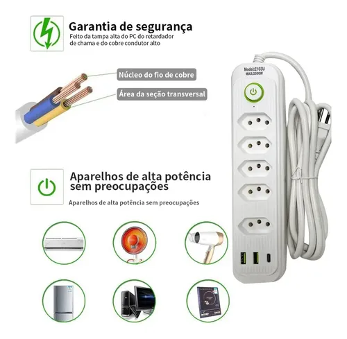 Extensão 5 Tomadas E 2 Usb 1 Pd Led Bivolt Power 110v/220v