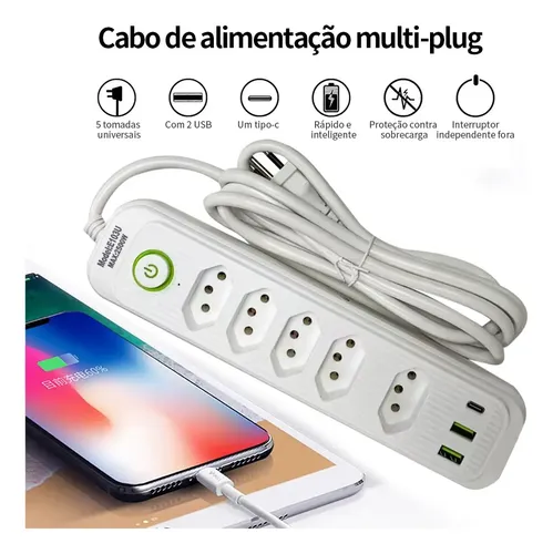 Extensão 5 Tomadas E 2 Usb 1 Pd Led Bivolt Power 110v/220v