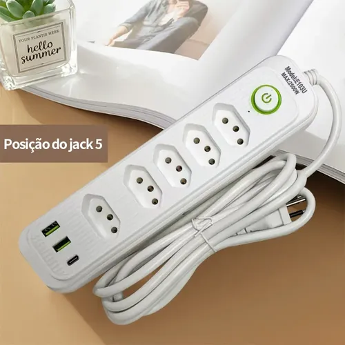 Extensão 5 Tomadas E 2 Usb 1 Pd Led Bivolt Power 110v/220v