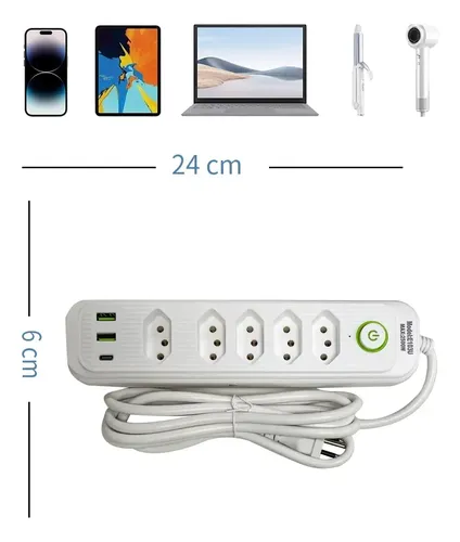 Extensão 5 Tomadas E 2 Usb 1 Pd Led Bivolt Power 110v/220v
