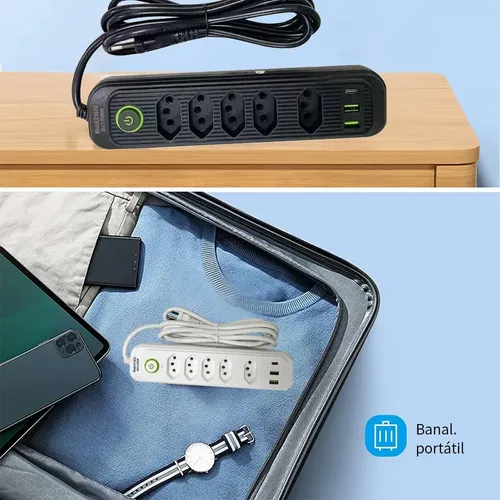Extensão 5 Tomadas E 2 Usb 1 Pd Led Bivolt Power 110v/220v