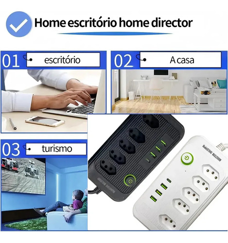 Extensão 5 Tomadas E 3 Usb 1 Pd Led Bivolt Power 110v/220v