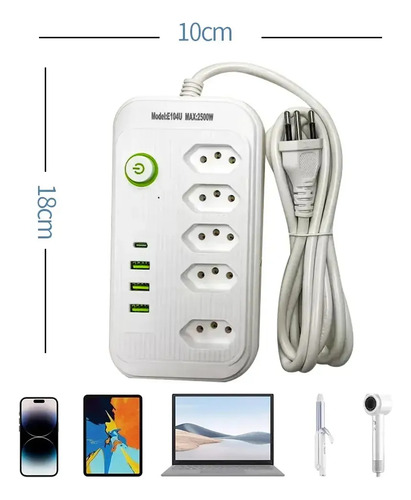 Extensão 5 Tomadas E 3 Usb 1 Pd Led Bivolt Power 110v/220v