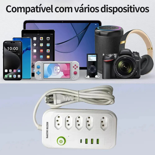 Extensão 5 Tomadas E 3 Usb 1 Pd Led Bivolt Power 110v/220v