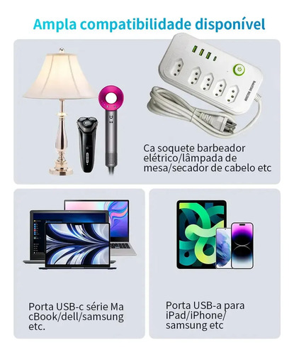 Extensão 5 Tomadas E 3 Usb 1 Pd Led Bivolt Power 110v/220v