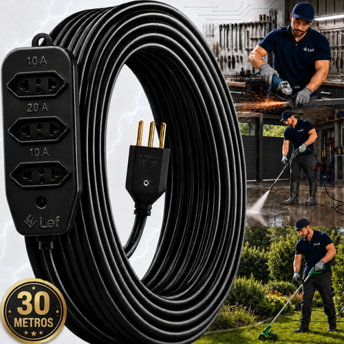 Extensao 30m cabo PP reforcada profissional preta