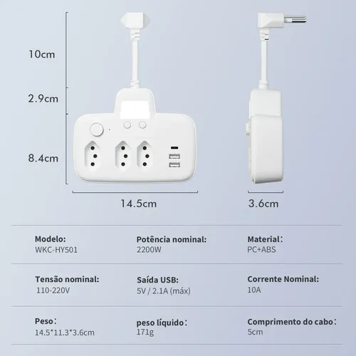Extensão Coibeu Série Luar 3tomadas 2 Usb 1pd Bivolt Led