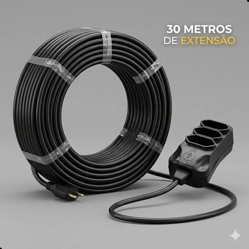 Extensão Elétrica 30 Metros Reforçada 3 Tomadas Cabo Resistente 10a 20a Bivolt Uso Profissional Residencial Obra Alta Durabilidade