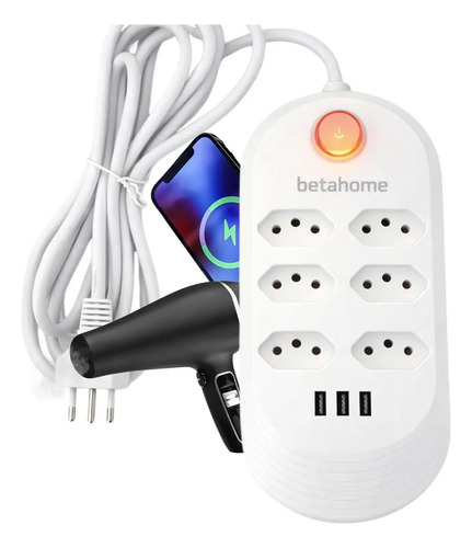 Extensao eletrica 6 tomadas bivolt 3 usb 2500w regua filtro